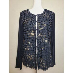 Chicos Womens Long Sleeves Cardigan Ruffles Black Gold Accent Size 1 A428